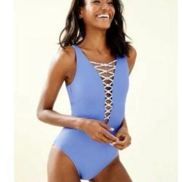 LILLY PULITZER Isle Lattice One Piece Swimsuit Style #001234 Blue Size 8 - Picture 1 of 7